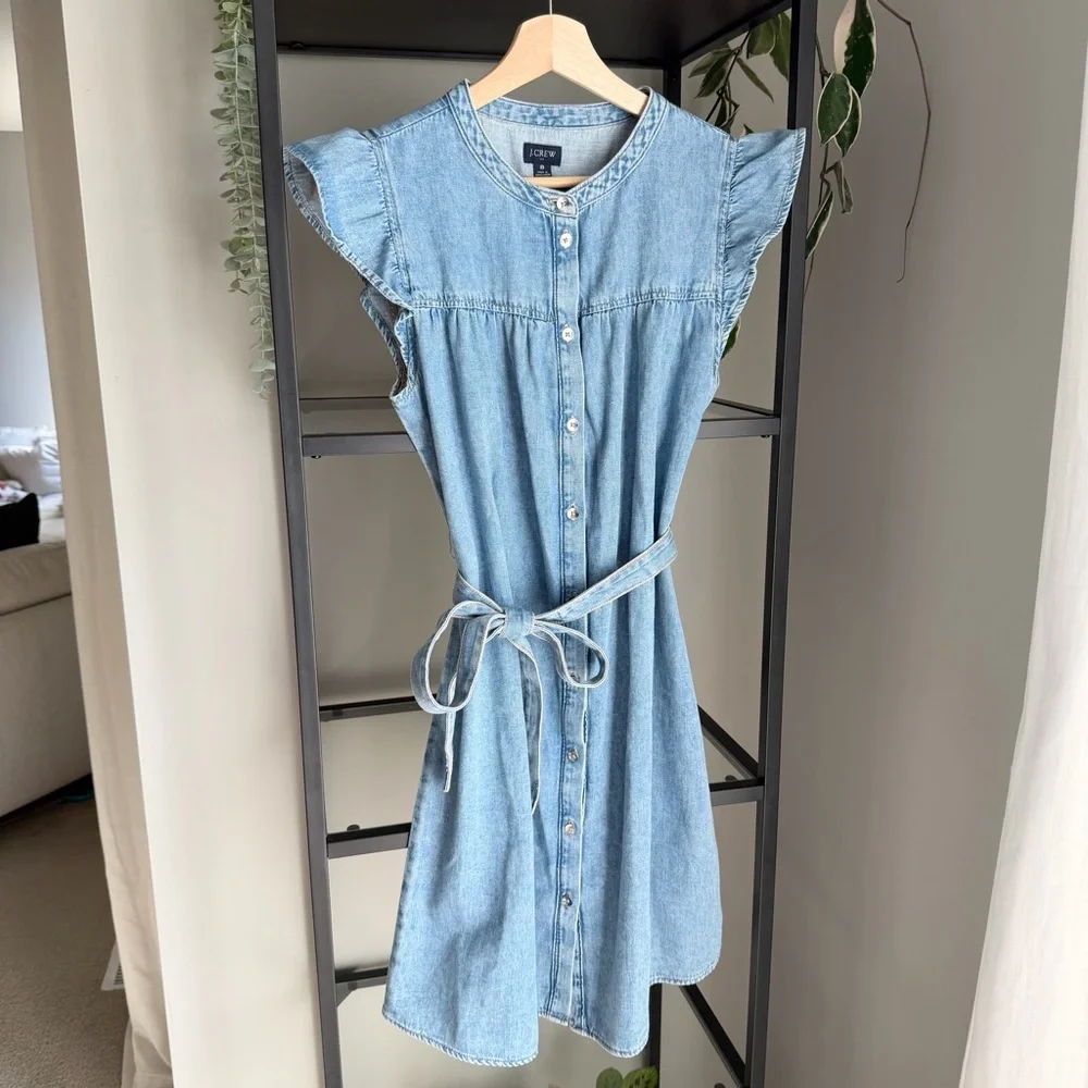 NWT J. Crew Ruffle Sleeve Button Up Mini Denim Dress - Picture 1 of 9